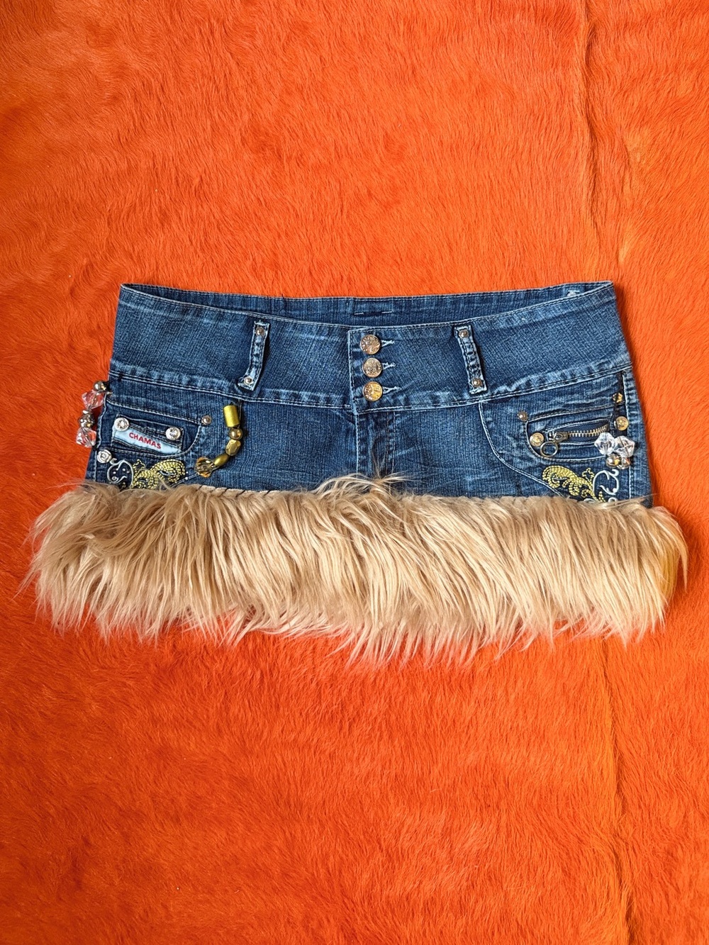 Vintage Y2K Fur Trim Micro Mini Skirt | Embellished Low Rise Denim skirt | M - Picture 7 of 10